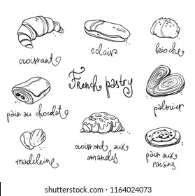 French pastry. Traditional baked desserts.  Black and white vector sketch