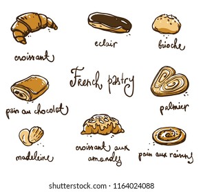 French pastry. Traditional baked desserts.  Vector sketch