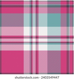 French pattern fabric vector, bandana texture check textile. Stitched background seamless tartan plaid in pink and white color.