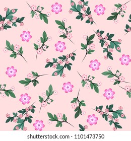 French pattern millefler. Scattering of small pink flowers and bouquets on a soft pink background