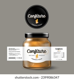 

French Pears stewed in wine. Confiture label. Sweet food. White label with fruits and letters. Mock up of Glass Jar with Label