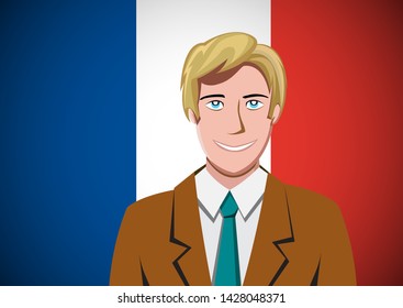 French people,  ahead of the flag. Portrait of manager in flat design. Vector cartoon