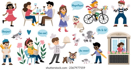 French people and animals vector set. Collection with woman reading book, cook, man with baguette, pair drinking wine, mime, girl riding a bike. Cute France icons with pigeon, goose, cat, bulldog
