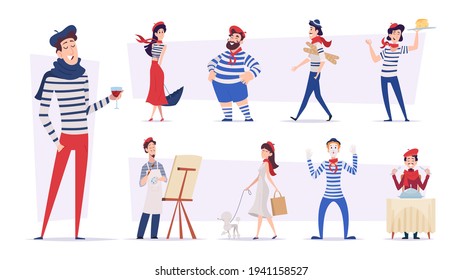 French People. Funny Smile Characters In Various Poses National Authentic France Person Exact Vector Illustrations Isolated