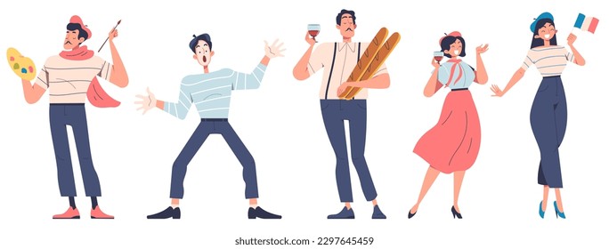 French people set. Collection of men with paints and baguette. Women in beret with glass of wine and flag of France. Parisian mime. Cartoon flat vector illustrations isolated on white background