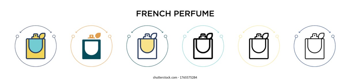 Icono de perfume francés en estilo relleno, delgado, contorno y trazo. Ilustración vectorial de dos diseños de iconos vectoriales de perfume franco-negro y de color se pueden utilizar para móviles, ui, web
