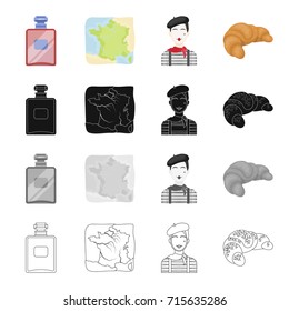 French perfume, the territory on the map, the image of the Frenchman, the croissant.France set collection icons in cartoon black monochrome outline style vector symbol stock illustration web.