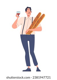 French person concept. Man in traditional clothes with baguettes and wine glass. Culture and traditions of France. Social media sticker. Cartoon flat vector illustration isolated on white background