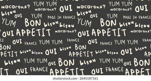 French phrases seamless pattern. Cute background for wallpaper, print, card, poster, textile, fabric. French lettering with various phrases