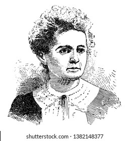 A French physicist and chemist famous for her work on radioactivity. She was the first person honored with two Nobel prizes, in physics and chemistry, vintage line drawing or engraving illustration.