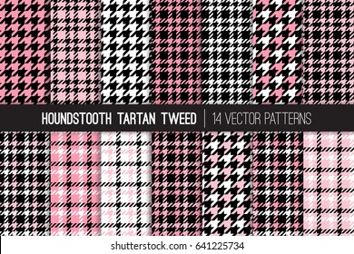 French Pink, Black And White Houndstooth Tartan Tweed Vector Patterns. Girly Fashion Textile Backgrounds. Set Of Dogs-tooth Check Fabric Textures. Pattern Tile Swatches Included.