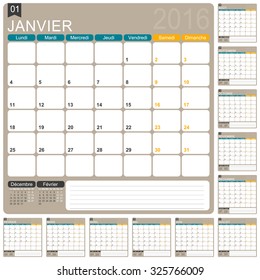 French planning calendar 2016, week starts on Monday, vector illustration