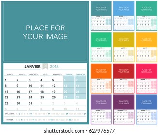 French planning calendar 2018, week starts on Monday, colorful calendar template with place for your image, vector illustration