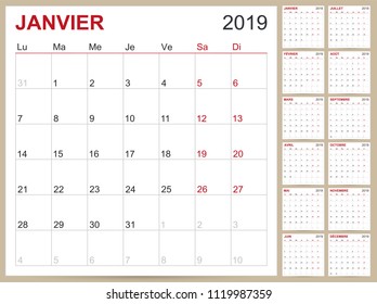 French planning calendar 2019, French calendar template for year 2019, set of 12 months, week starts on Monday, printable calendar templates vector illustration