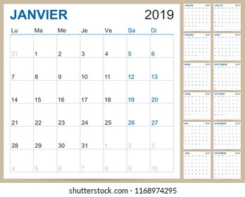 French planning calendar 2019, French calendar template for year 2019, set of 12 months, week starts on Monday, printable calendar templates vector illustration