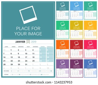 French planning calendar 2019, week starts on Monday, colorful calendar template with place for your image, vector illustration