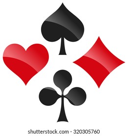 french playing cards symbols hearts, tiles, clovers and pikes with reflection