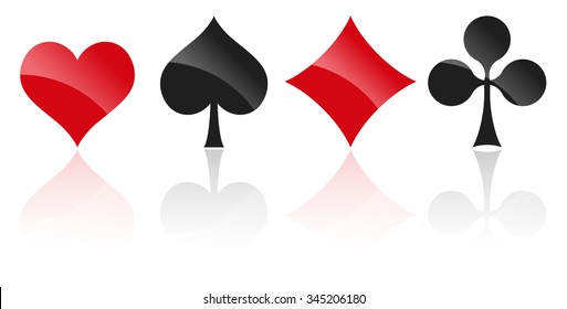 french playing cards symbols hearts, tiles, clovers and pikes with reflection