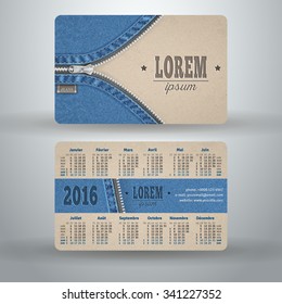 French pocket calendar for 2016 from cardboard and denim, vector template