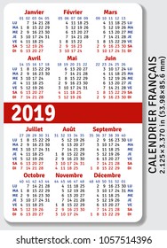 French pocket calendar for 2019, standard size ISO 7810 ID-1, vertical vector template