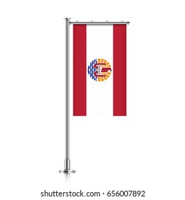 French Polinesia vector banner flag hanging on a silver metallic pole. French Polinesia vertical flag template isolated on a white background.