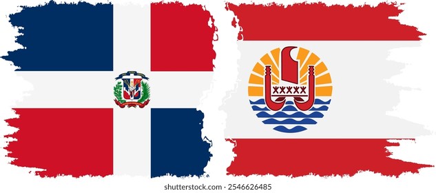 French Polynesia and Dominican Republic grunge flags connection, vector