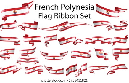 French Polynesia Flag Background with Red White Ribbon and Tropical Island Landmarks
