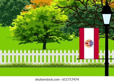 French Polynesia Flag, Landscape of Park, Trees, Fence wooden and Street light Illustration 