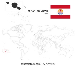 French Polynesia (France) map on a world map with flag on white background.