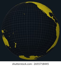 Polinésia Francesa no Globo. Vista do país no mapa do mundo em Carvão amarelo brilhante paleta de cores. Forma da Polinésia Francesa no mapa. Globo com meridianos, paralelos, países, rios e lagos.