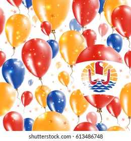 French Polynesia Independence Day Seamless Pattern. Flying Rubber Balloons in Colors of the French Polynesian Flag. Happy French Polynesia Day Patriotic Card with Balloons, Stars and Sparkles.