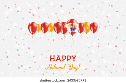 Poster patriótico brillante del Día de la Independencia de la Polinesia Francesa. Fila de globos en colores de la bandera polinesia francesa. Tarjeta de felicitación con banderas nacionales, confeti y estrellas.