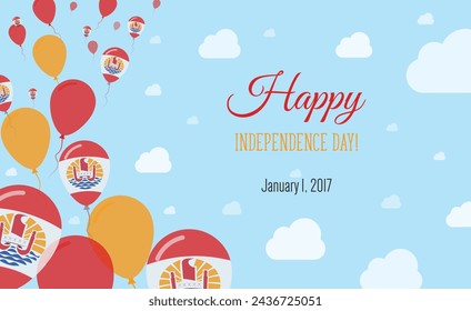 French Polynesia Independence Day Sparkling Patriotic Poster. Row of Balloons in Colors of the French Polynesian Flag. Greeting Card with National Flags, Blue Skyes and Clouds.