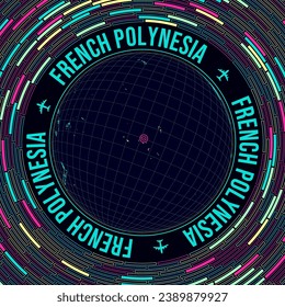 French Polynesia on globe. Satellite view of the world centered to French Polynesia. Bright neon style. Futuristic radial bricks background. Modern vector illustration.