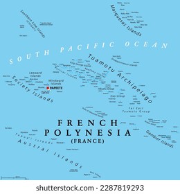 French Polynesia, political map. Overseas collectivity of France, and its sole overseas country, in the South Pacific Ocean, with 121 islands and atolls, and capital Papeete, on the island of Tahiti.