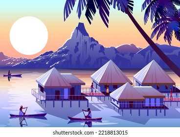 Die Landschaft des tropischen Strandes Französisch-Polynesiens. Handgefertigte Zeichenkette, Vektorgrafik. Reiseplakatdesign im Retro-Stil.