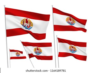 French Polynesia vector flags set. 5 wavy fabric 3D flags fluttering on the wind. EPS 8 created using gradient meshes isolated on white background. Five design elements from world collection