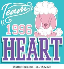A French poodle puppy design with a college-style text embellishment, pastel colors, and patch numbers. A school and fashion design for multiple uses.