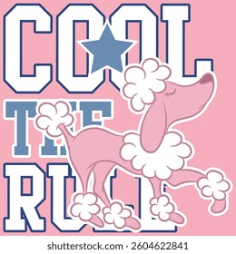 A French poodle puppy design with a college-style text embellishment, pastel colors, and patch numbers. A school and fashion design for multiple uses.