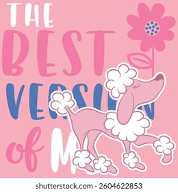 A French poodle puppy design with a college-style text embellishment, pastel colors, and patch numbers. A school and fashion design for multiple uses.