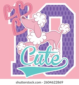 A French poodle puppy design with a college-style text embellishment, pastel colors, and patch numbers. A school and fashion design for multiple uses.