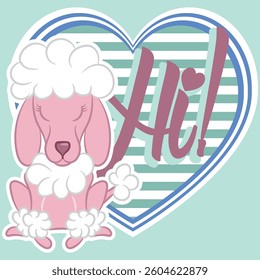A French poodle puppy design with a college-style text embellishment, pastel colors, and patch numbers. A school and fashion design for multiple uses.