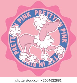 A French poodle puppy design with a college-style text embellishment, pastel colors, and patch numbers. A school and fashion design for multiple uses.