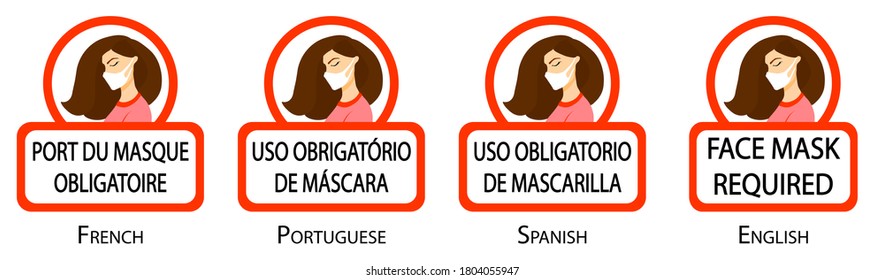 French, Portuguese, Spanish text. Translation: "Wearing mask is mandatory".  Face mask required sign. Set of signs. Foreign languages. Red and white. Woman using mask. Young lady