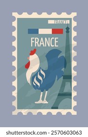 French postage stamp featuring a rooster in blue, white, and red, with the Eiffel Tower in the background. Vintage-style design. Vector illustration