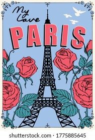 Postal o cartel francés con la famosa Torre Eiffel, rosas y palomas de fondo azul. Ilustración plana vectorial con palabras París mi amor
