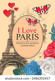 French postcard or banner with famous Eiffel Tower, roses of French flag, butterflies on a pink background. Girly vector illustration in vintage style with the words "I love Paris" in an oval frame