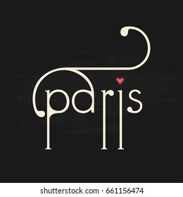 French postcard text on blackboard grunge background. Paris word in modern calligraphy design with heart graphic design element on chalkboard backdrop.