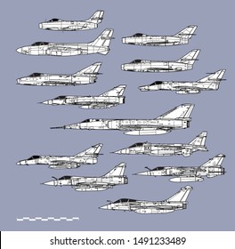 Aviones de combate franceses de posguerra. Perfiles de aeronaves. Ilustración vectorial.