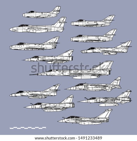 French postwar combat planes. Aircraft profiles. Vector illustration.